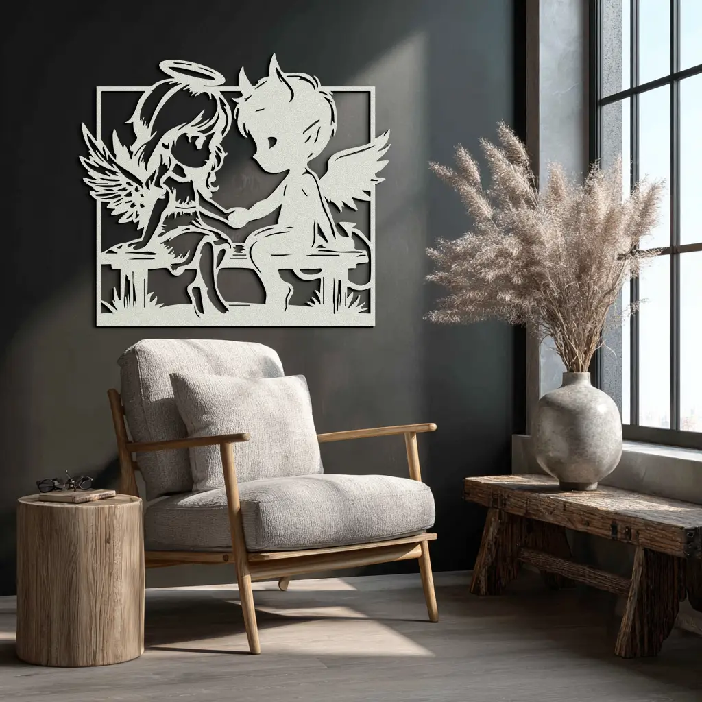 Angel and Devil Holding Hands Metal Wall Art – Whimsical Love Contrast Silhouette- KAF591 by Enova Art