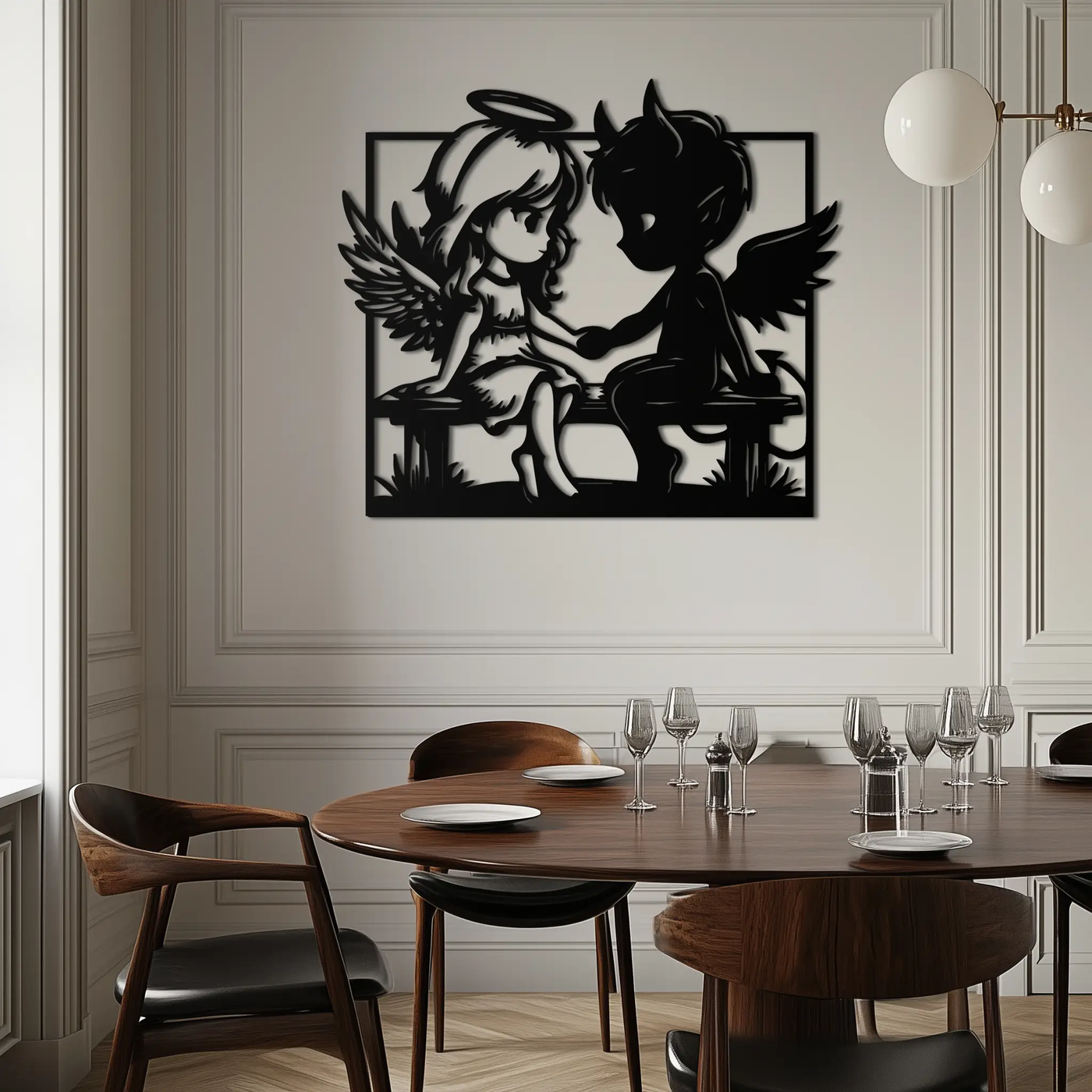 Angel and Devil Holding Hands Metal Wall Art – Whimsical Love Contrast Silhouette- KAF591 by Enova Art