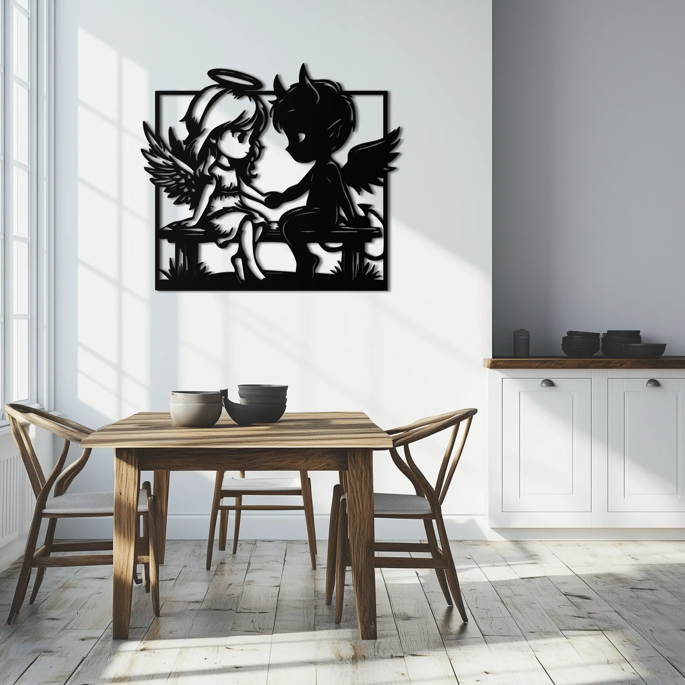 Angel and Devil Holding Hands Metal Wall Art – Whimsical Love Contrast Silhouette- KAF591 by Enova Art