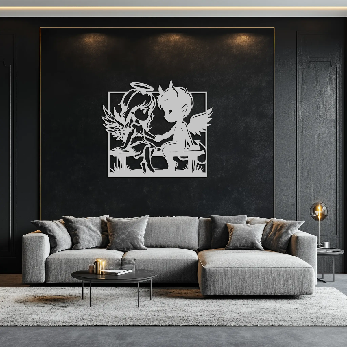 Angel and Devil Holding Hands Metal Wall Art – Whimsical Love Contrast Silhouette- KAF591 by Enova Art