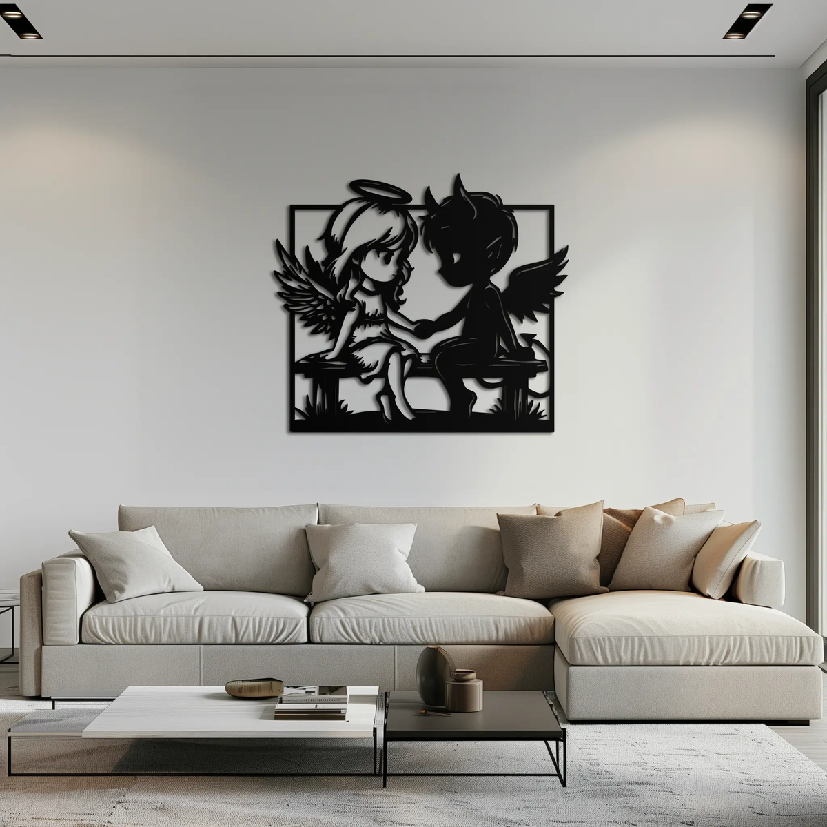 Angel and Devil Holding Hands Metal Wall Art – Whimsical Love Contrast Silhouette- KAF591 by Enova Art