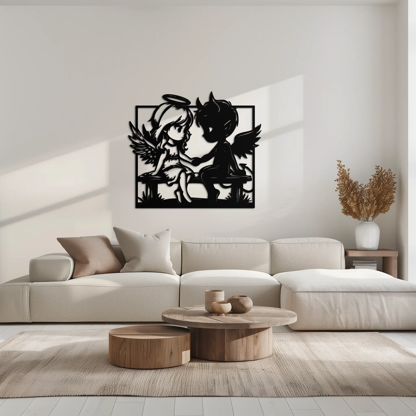 Angel and Devil Holding Hands Metal Wall Art – Whimsical Love Contrast Silhouette- KAF591 by Enova Art