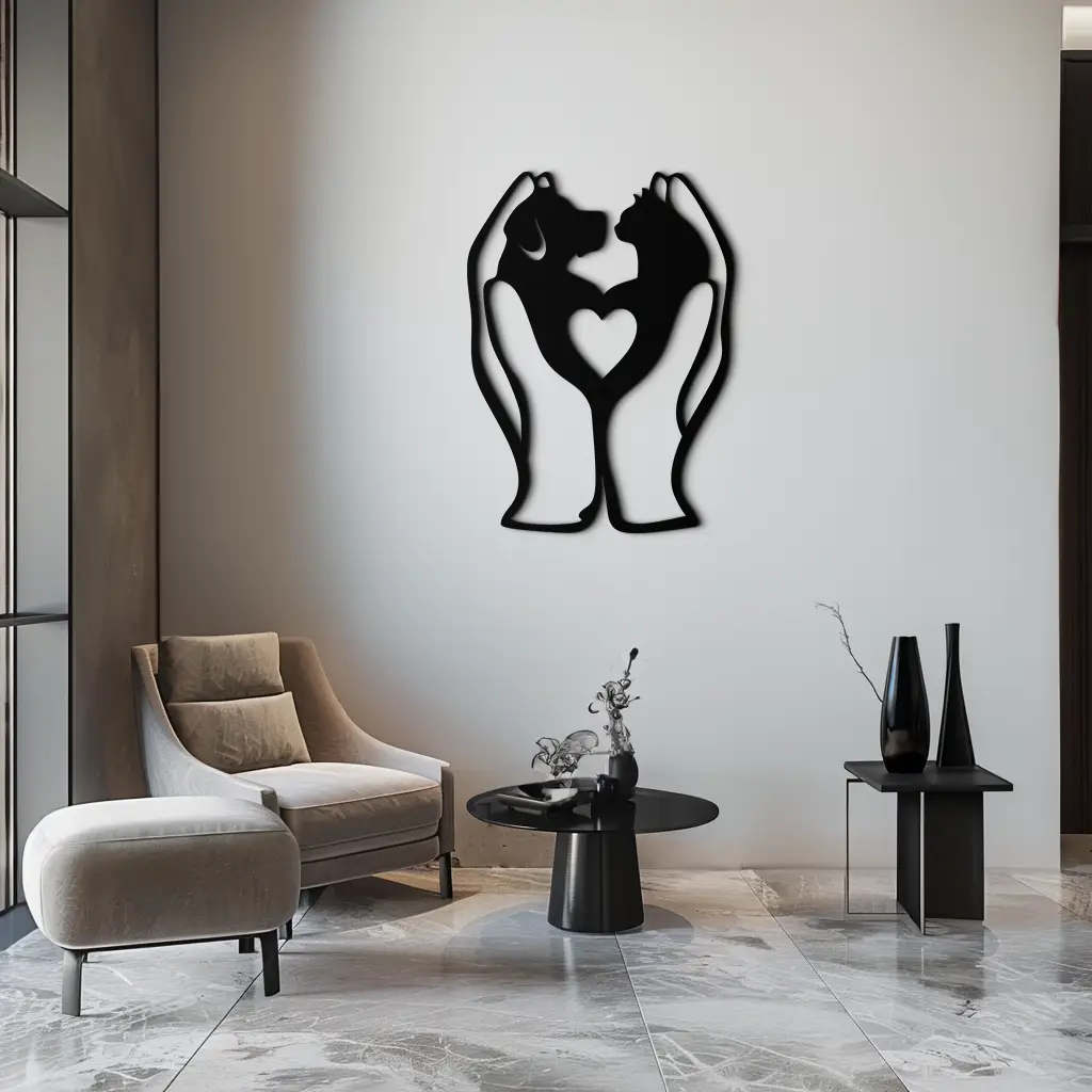 Dog and Cat in Hand Metal Wall Art – Heartwarming Pet Love Decor for Animal Lovers- KAF593 by Enova Art
