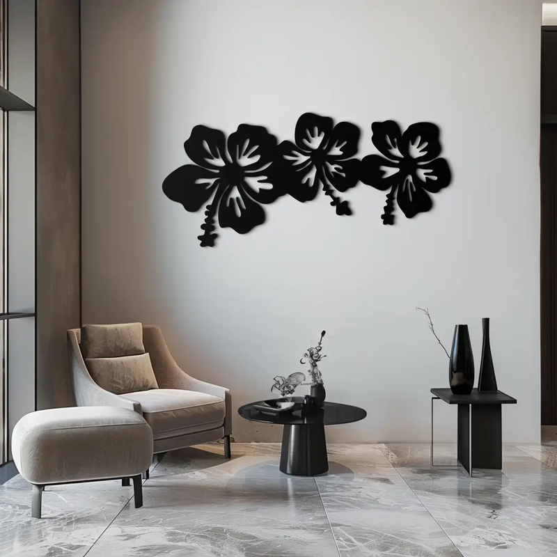 Hibiscus Flower Trio Metal Wall Art – Tropical Floral Silhouette for Home Decor- KAF594 by Enova Art