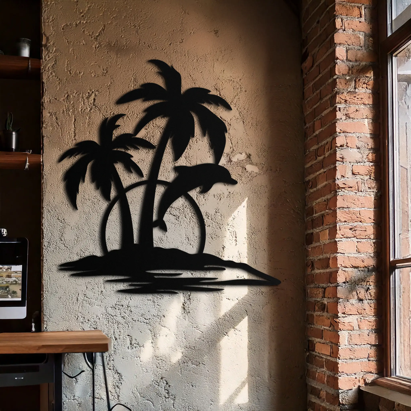 Tropical Dolphin and Palm Tree Metal Wall Art – Sunset Island Scene Coastal Decor- KAF598 by Enova Art