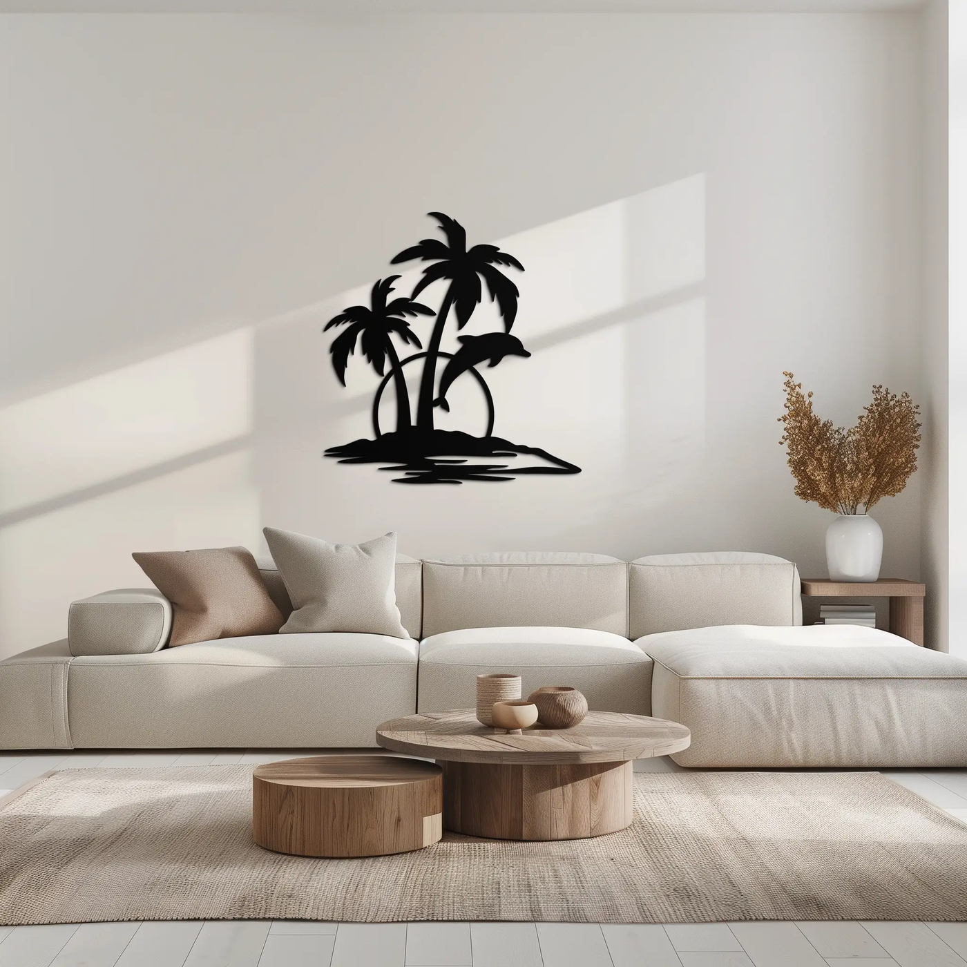 Tropical Dolphin and Palm Tree Metal Wall Art – Sunset Island Scene Coastal Decor- KAF598 by Enova Art