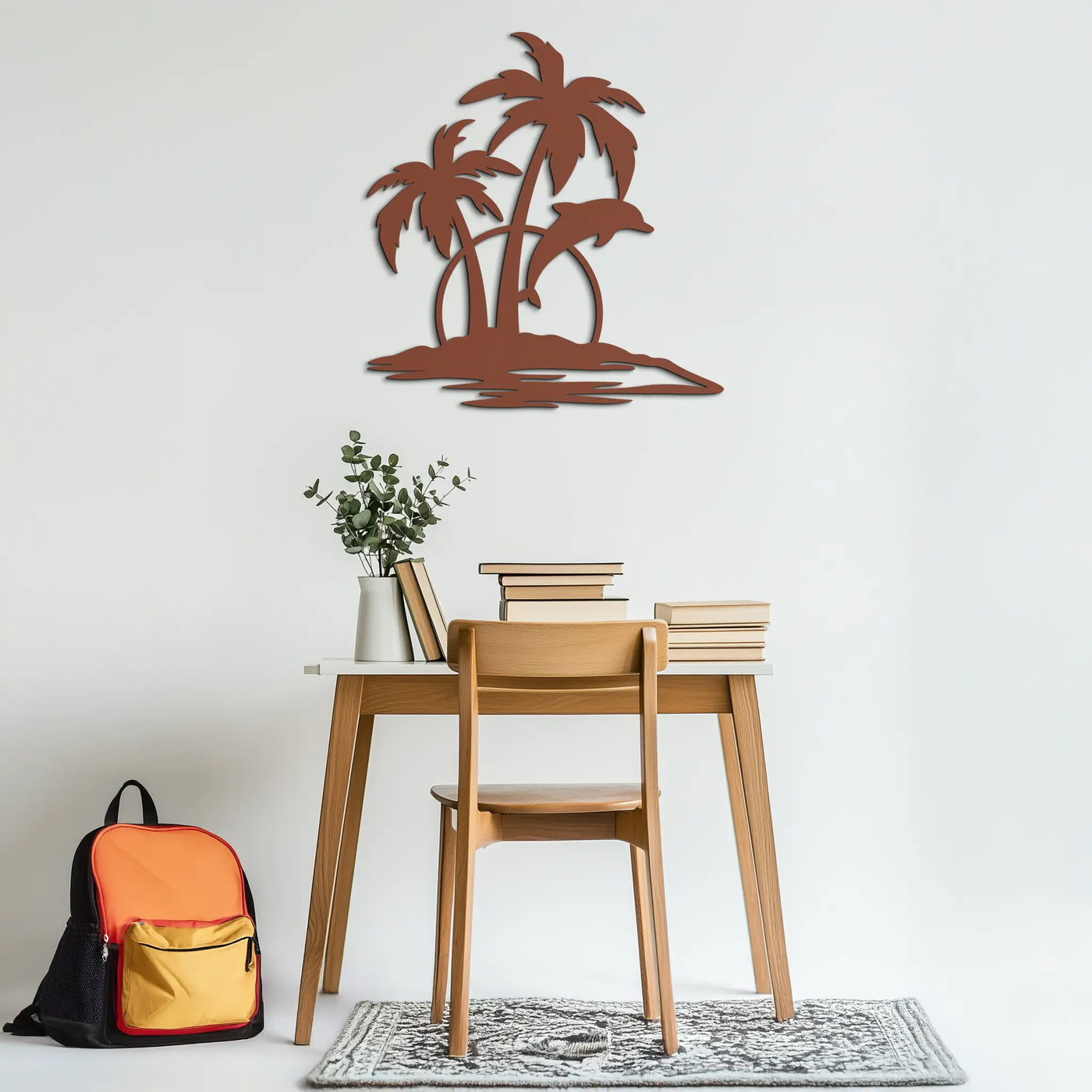 Tropical Dolphin and Palm Tree Metal Wall Art – Sunset Island Scene Coastal Decor- KAF598 by Enova Art