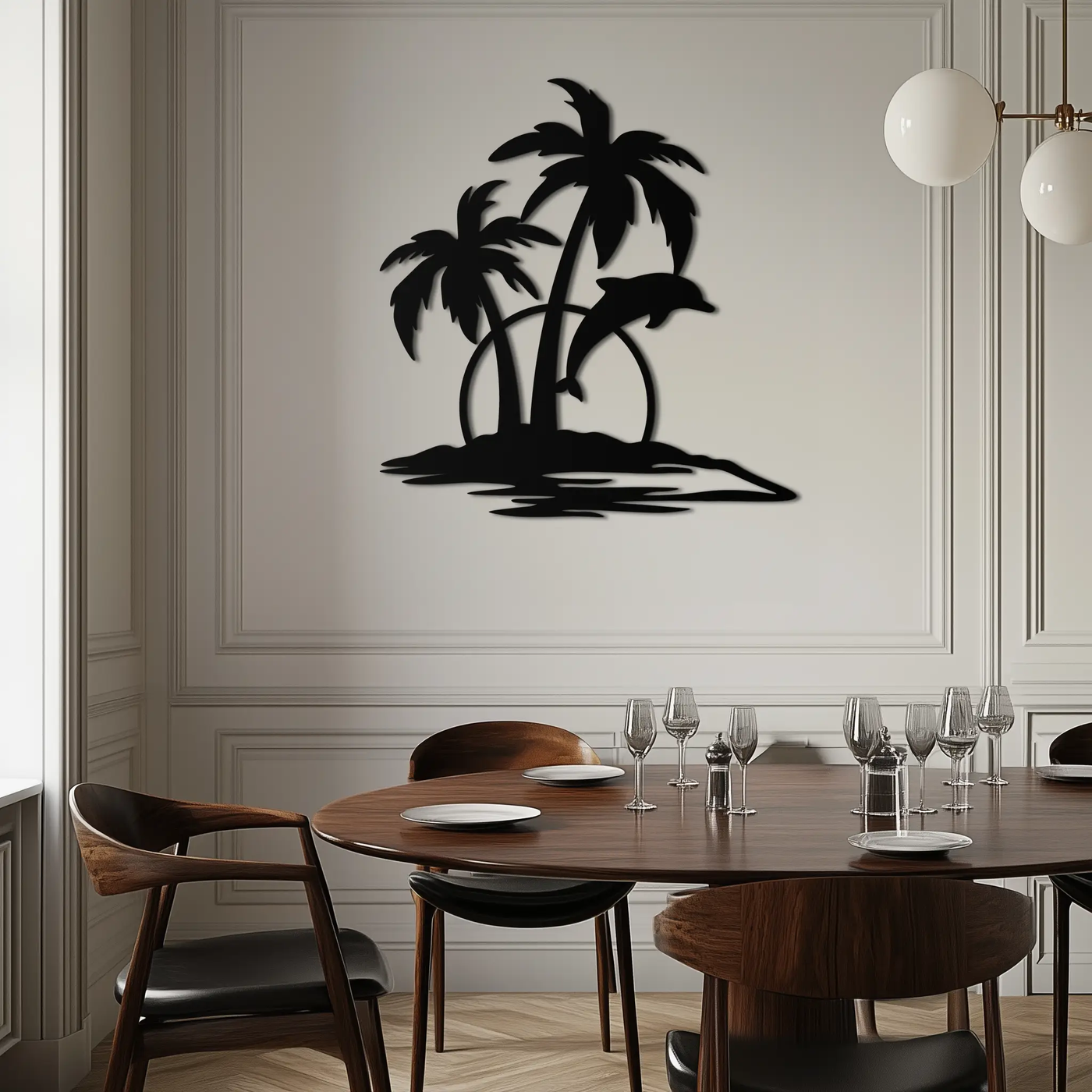 Tropical Dolphin and Palm Tree Metal Wall Art – Sunset Island Scene Coastal Decor- KAF598 by Enova Art