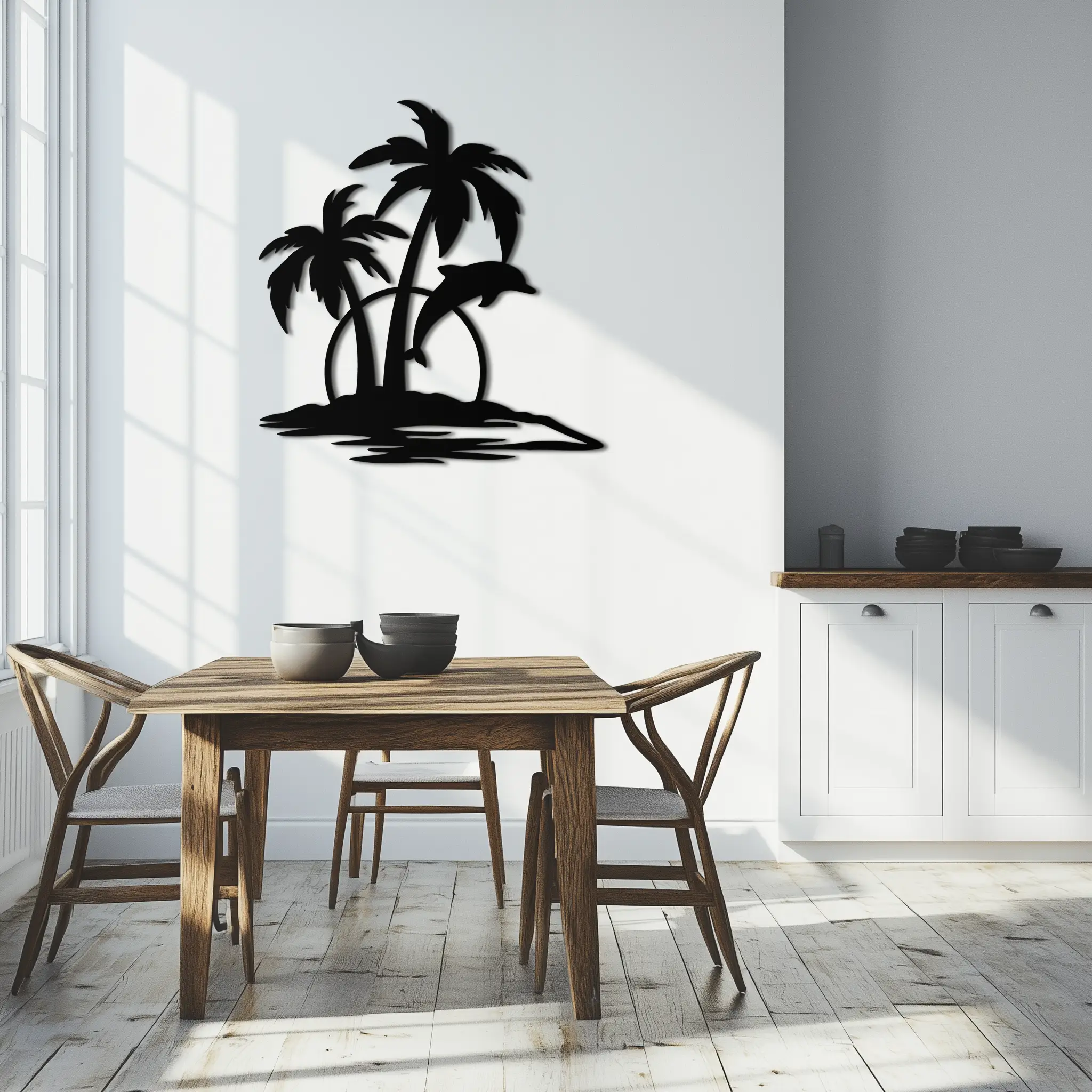 Tropical Dolphin and Palm Tree Metal Wall Art – Sunset Island Scene Coastal Decor- KAF598 by Enova Art