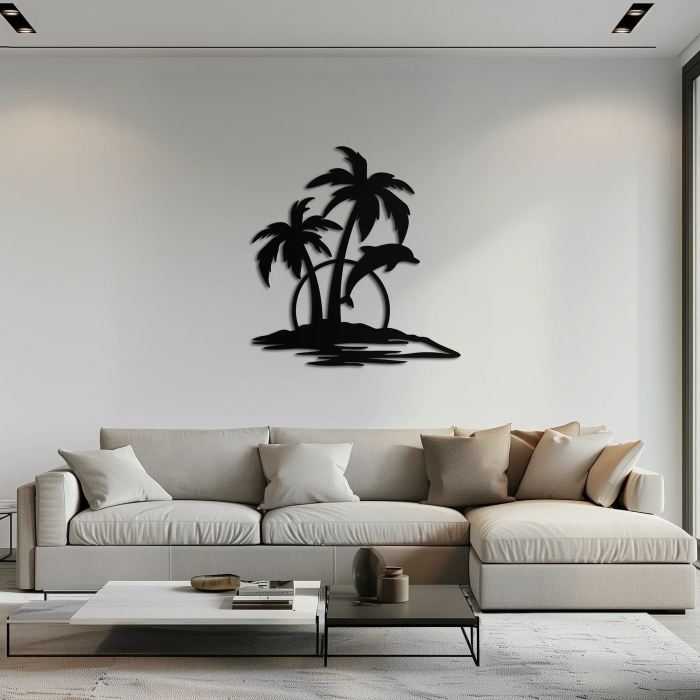 Tropical Dolphin and Palm Tree Metal Wall Art – Sunset Island Scene Coastal Decor- KAF598 by Enova Art