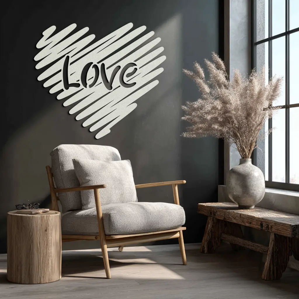 Love Heart Scribble Metal Wall Art – Romantic Handwritten Typography Home Decor- KAF599 by Enova Art