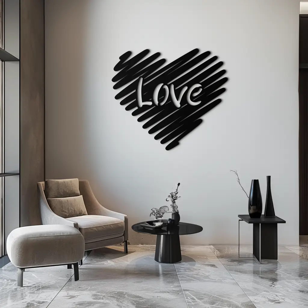 Love Heart Scribble Metal Wall Art – Romantic Handwritten Typography Home Decor- KAF599 by Enova Art