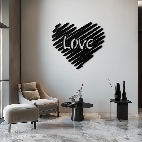 Love Heart Scribble Metal Wall Art – Romantic Handwritten Typography Home Decor- KAF599
