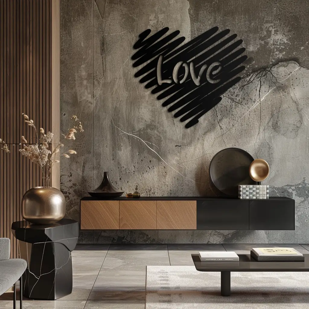 Love Heart Scribble Metal Wall Art – Romantic Handwritten Typography Home Decor- KAF599 by Enova Art