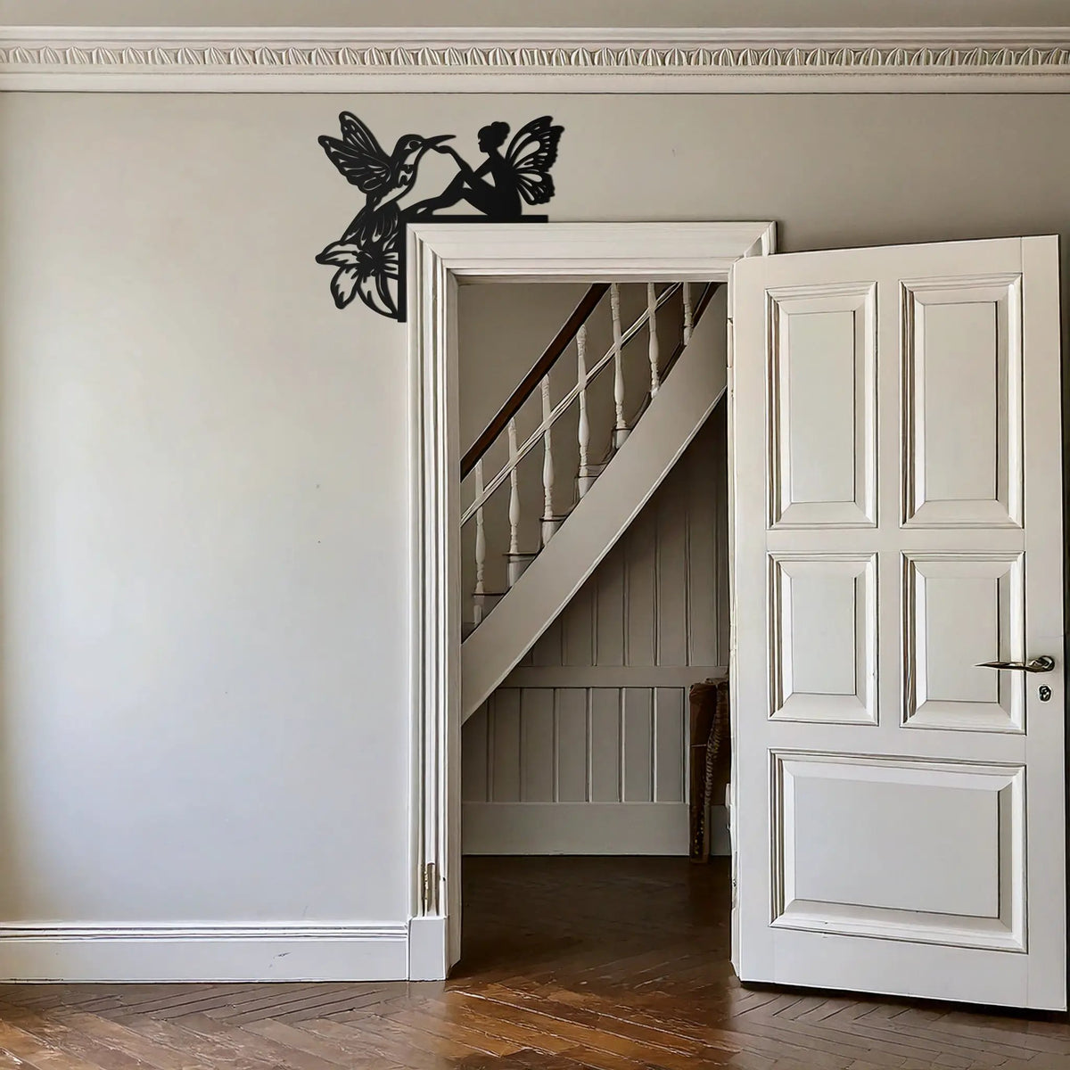 Fairy and Hummingbird Corner Metal Wall Art – Whimsical Door Frame Decoration for Home- KAF604 by Enova Art