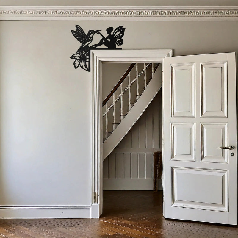 Fairy and Hummingbird Corner Metal Wall Art – Whimsical Door Frame Decoration for Home- KAF604 by Enova Art