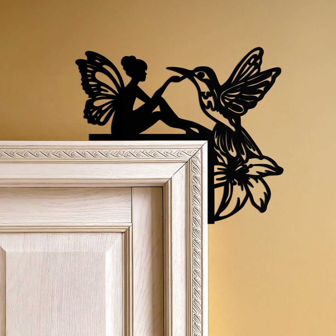 Fairy and Hummingbird Corner Metal Wall Art – Whimsical Door Frame Decoration for Home- KAF604 by Enova Art