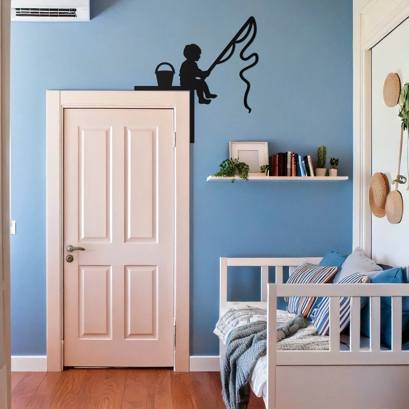 Child Fishing Corner Metal Wall Art – Playful Kids Silhouette Door Corner Decor-KAF610 by Enova Art