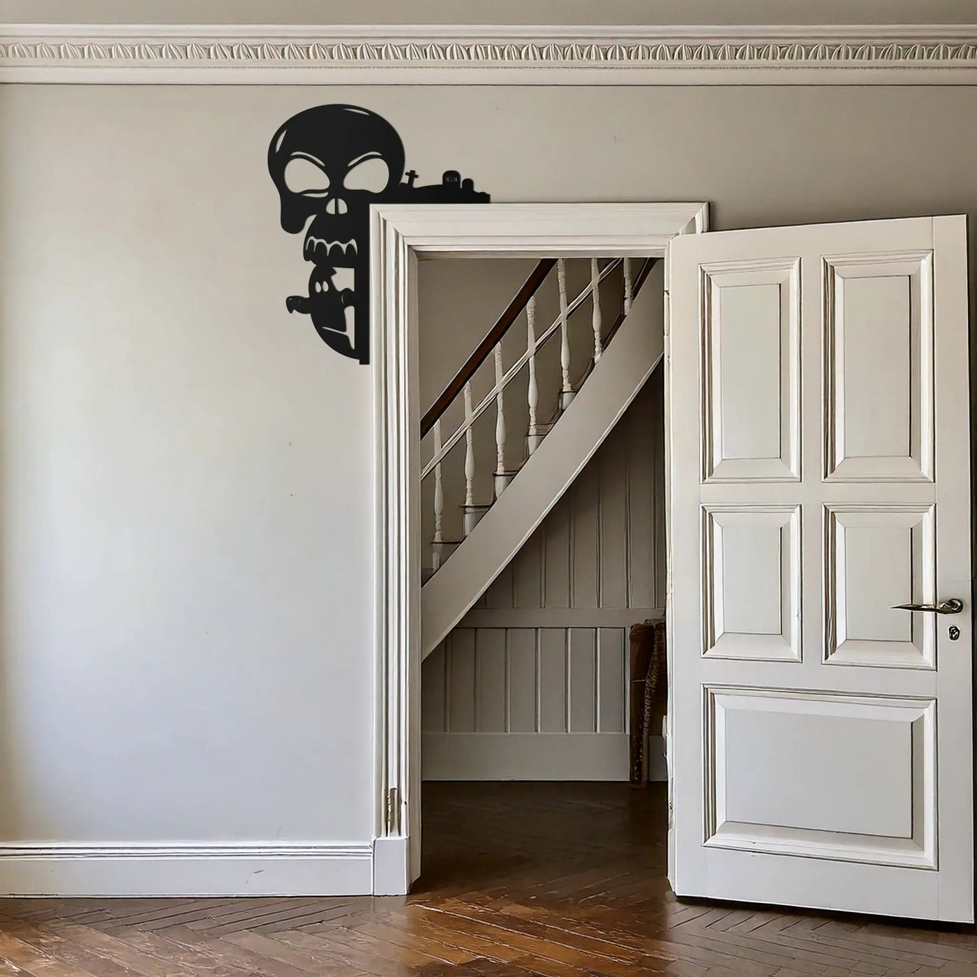 Skull and Bat Corner Metal Wall Art – Spooky Halloween Door Decor-KAF612 by Enova Art
