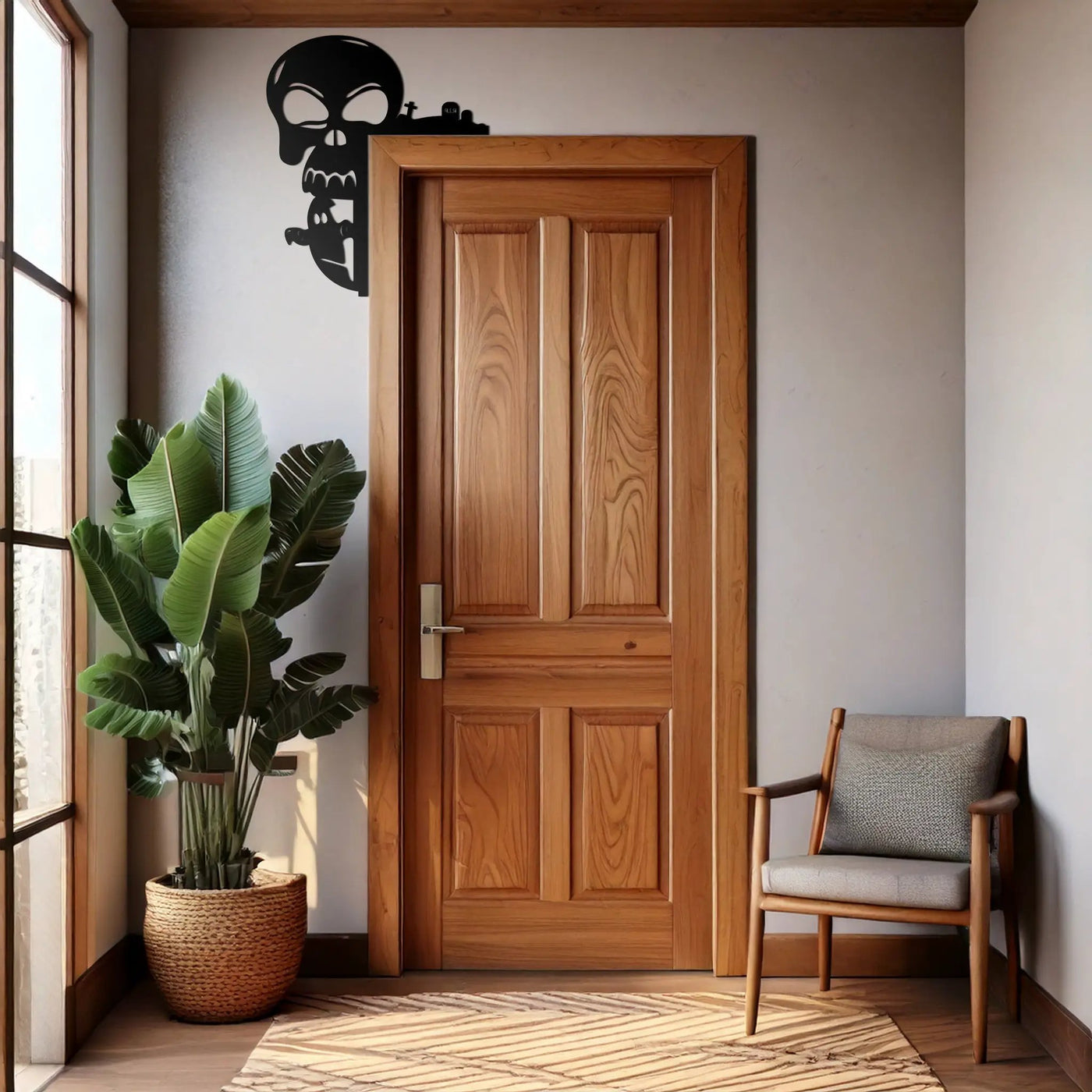 Skull and Bat Corner Metal Wall Art – Spooky Halloween Door Decor-KAF612 by Enova Art