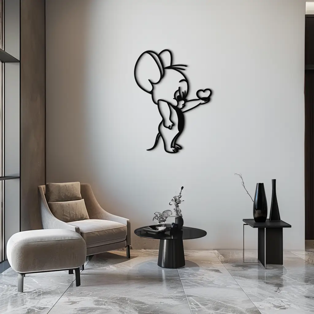 Jerry Holding Heart Metal Wall Art – Cute Cartoon Mouse Silhouette Decor-KAF615 by Enova Art