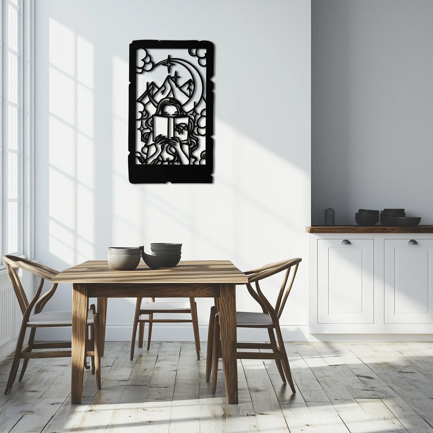 Reading Lady Metal Wall Art – Book Lover Silhouette with Moon and Mountains-KAF616 by Enova Art