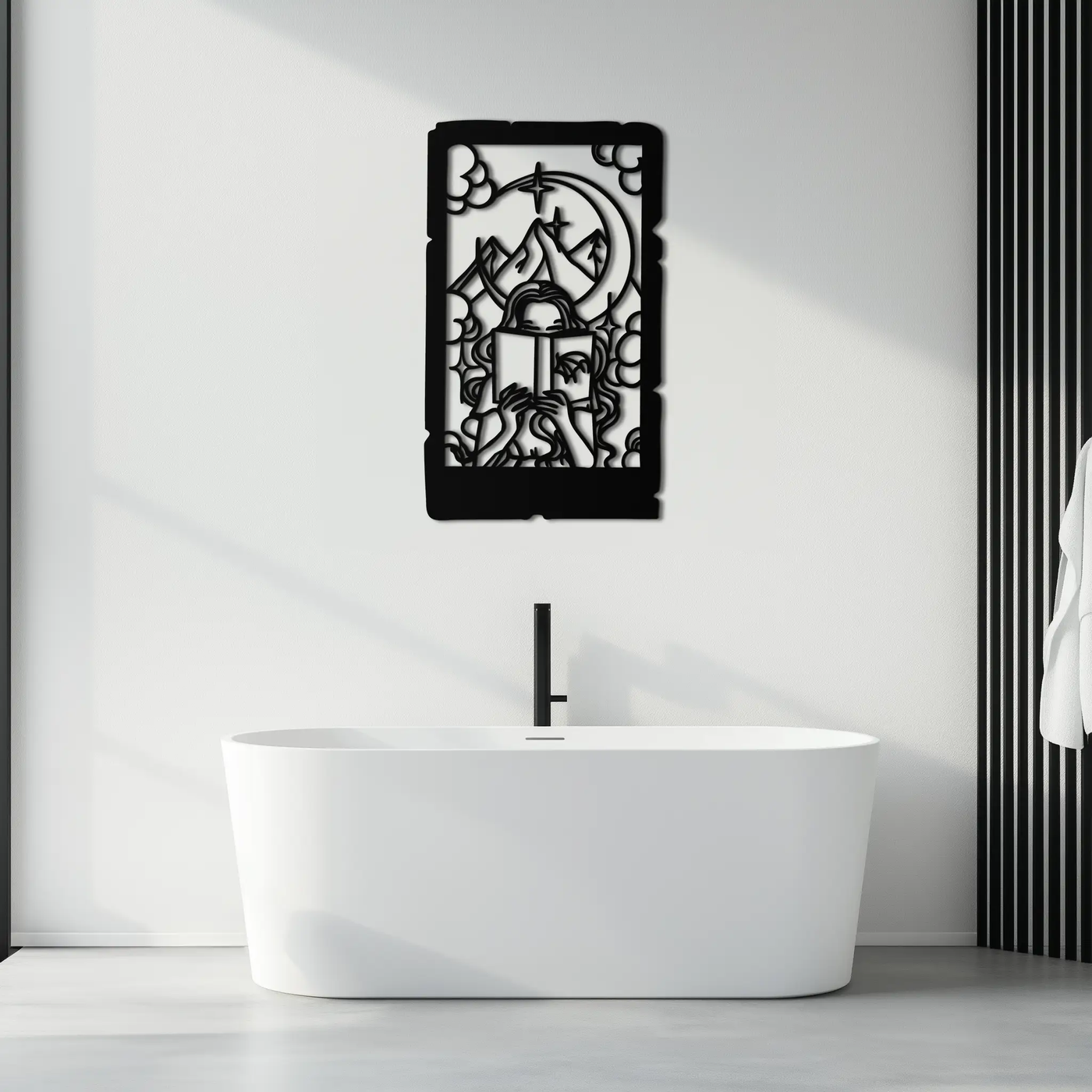Reading Lady Metal Wall Art – Book Lover Silhouette with Moon and Mountains-KAF616 by Enova Art