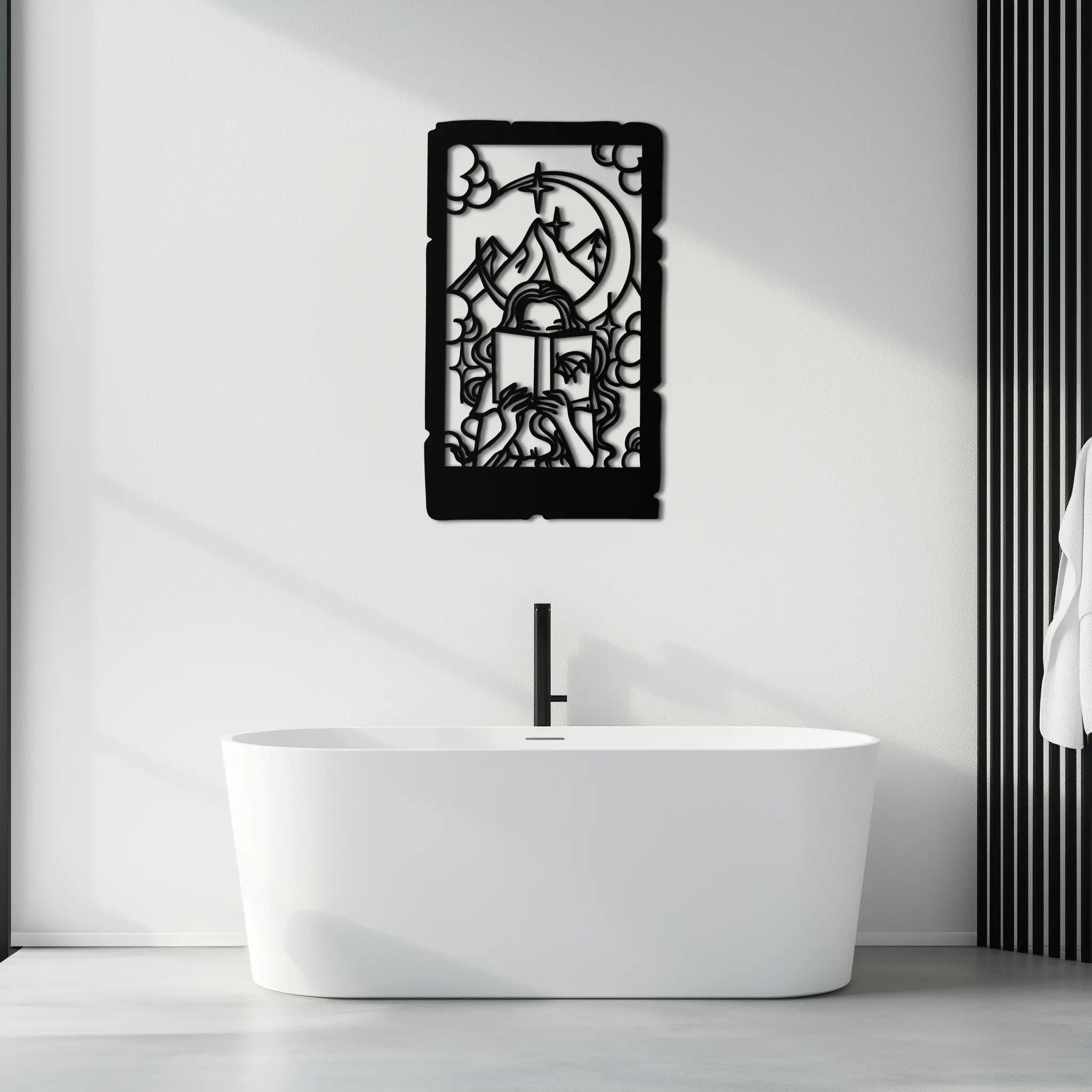 Reading Lady Metal Wall Art – Book Lover Silhouette with Moon and Mountains-KAF616 by Enova Art