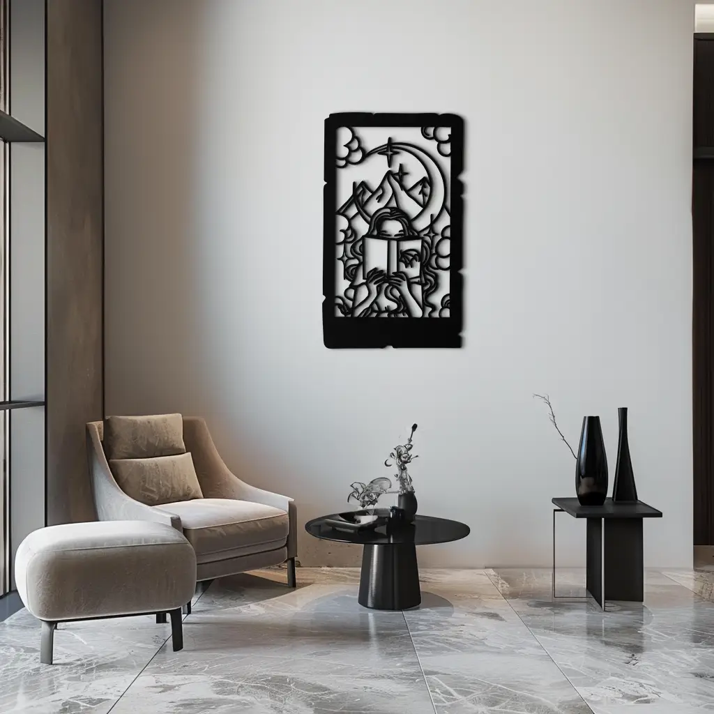 Reading Lady Metal Wall Art – Book Lover Silhouette with Moon and Mountains-KAF616 by Enova Art