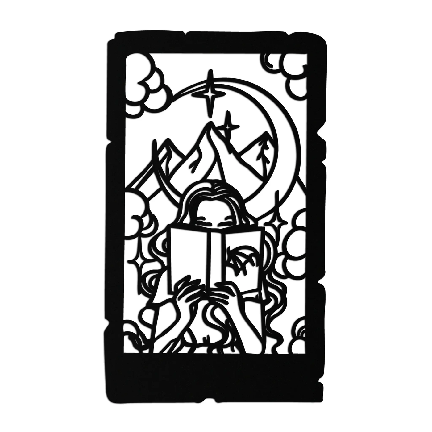 Reading Lady Metal Wall Art – Book Lover Silhouette with Moon and Mountains-KAF616 by Enova Art