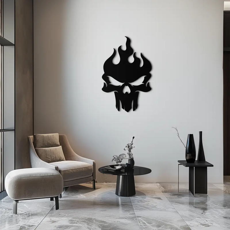 Flaming Skull Metal Wall Art – Bold Gothic Flame Skull Design- KAF623 by Enova Art