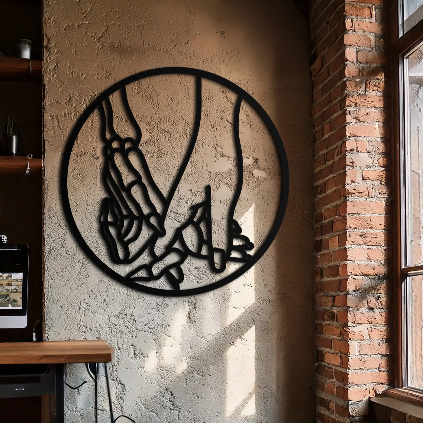 Skeleton and Human Hand Holding – Round Metal Wall Art- KAF628 by Enova Art