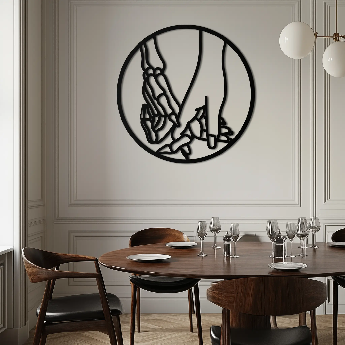 Skeleton and Human Hand Holding – Round Metal Wall Art- KAF628 by Enova Art