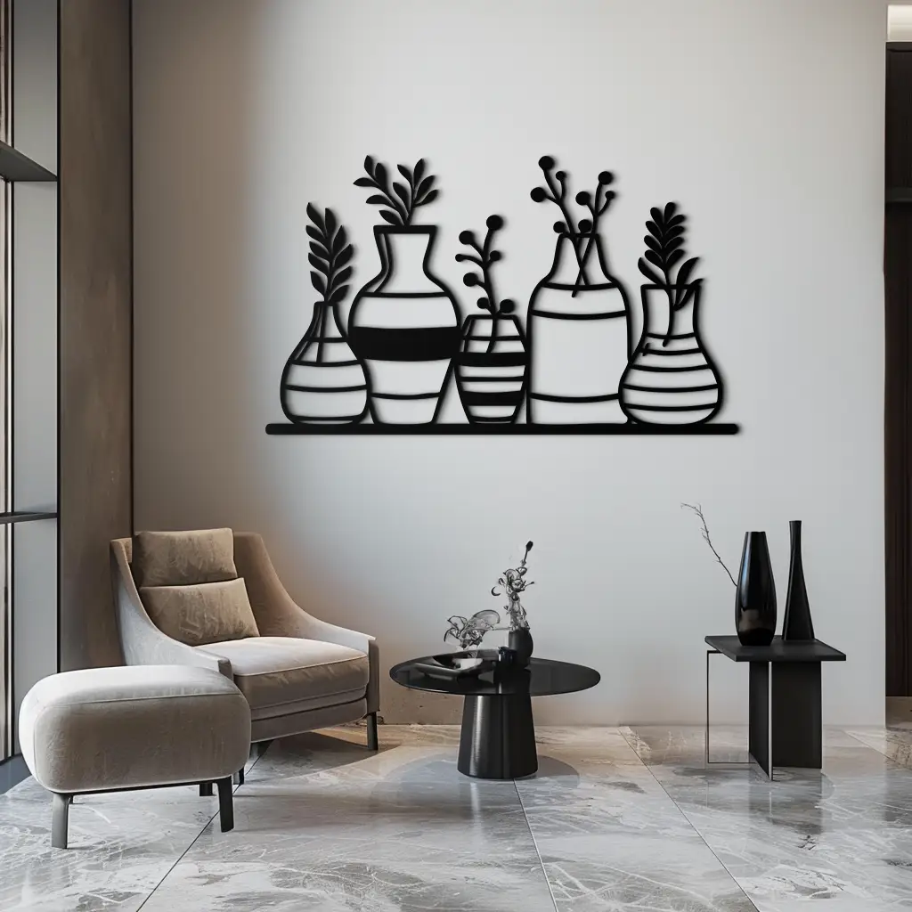 Modern Minimalist Vase Silhouette Metal Wall Art – Geometric Botanical Decor for Living Spaces- KAF631 by Enova Art