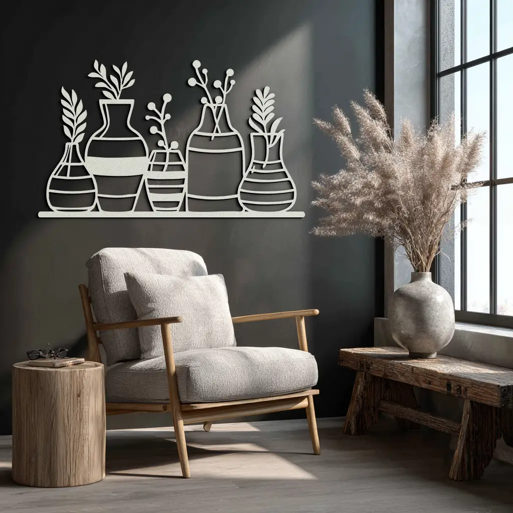 Modern Minimalist Vase Silhouette Metal Wall Art – Geometric Botanical Decor for Living Spaces- KAF631 by Enova Art