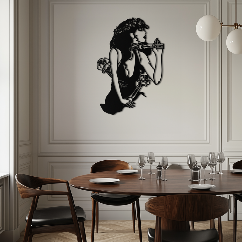 Skeleton Embrace Rose Lady Metal Wall Art – Romantic Gothic Silhouette Decor- KAF632 by Enova Art