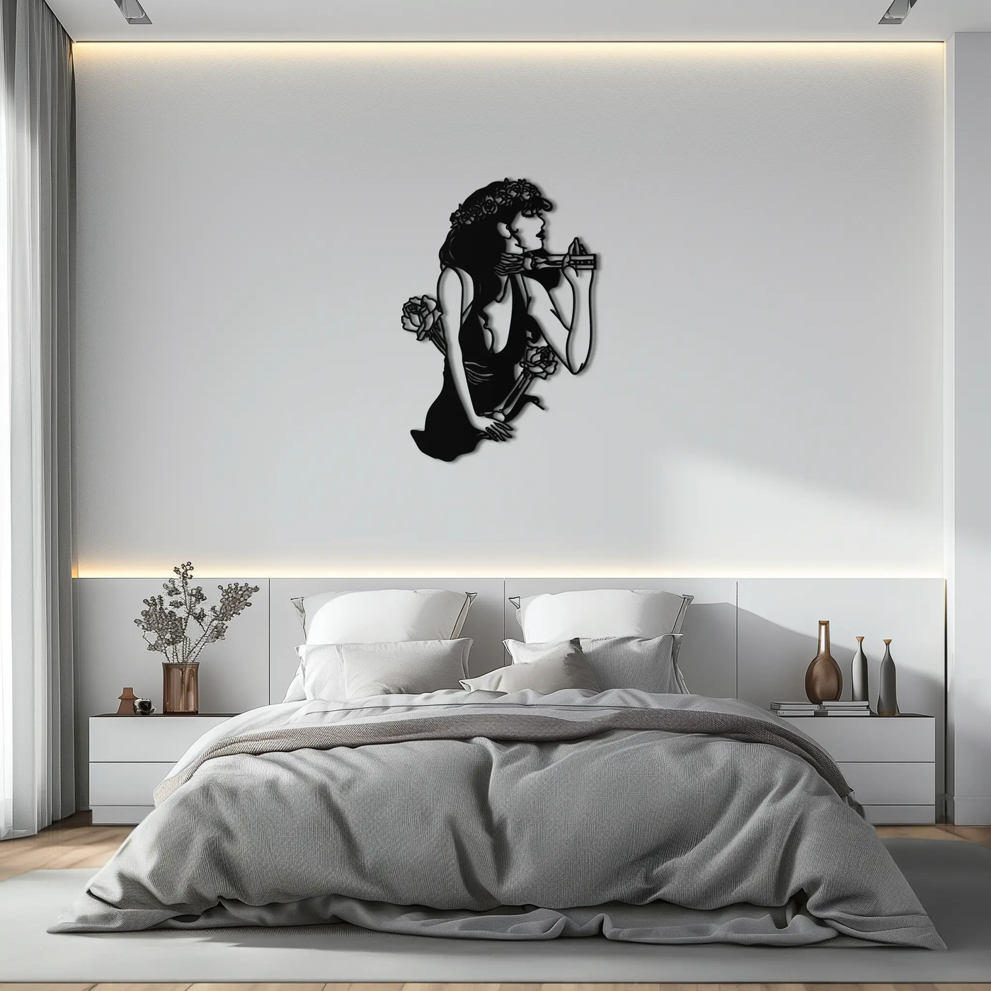 Skeleton Embrace Rose Lady Metal Wall Art – Romantic Gothic Silhouette Decor- KAF632 by Enova Art