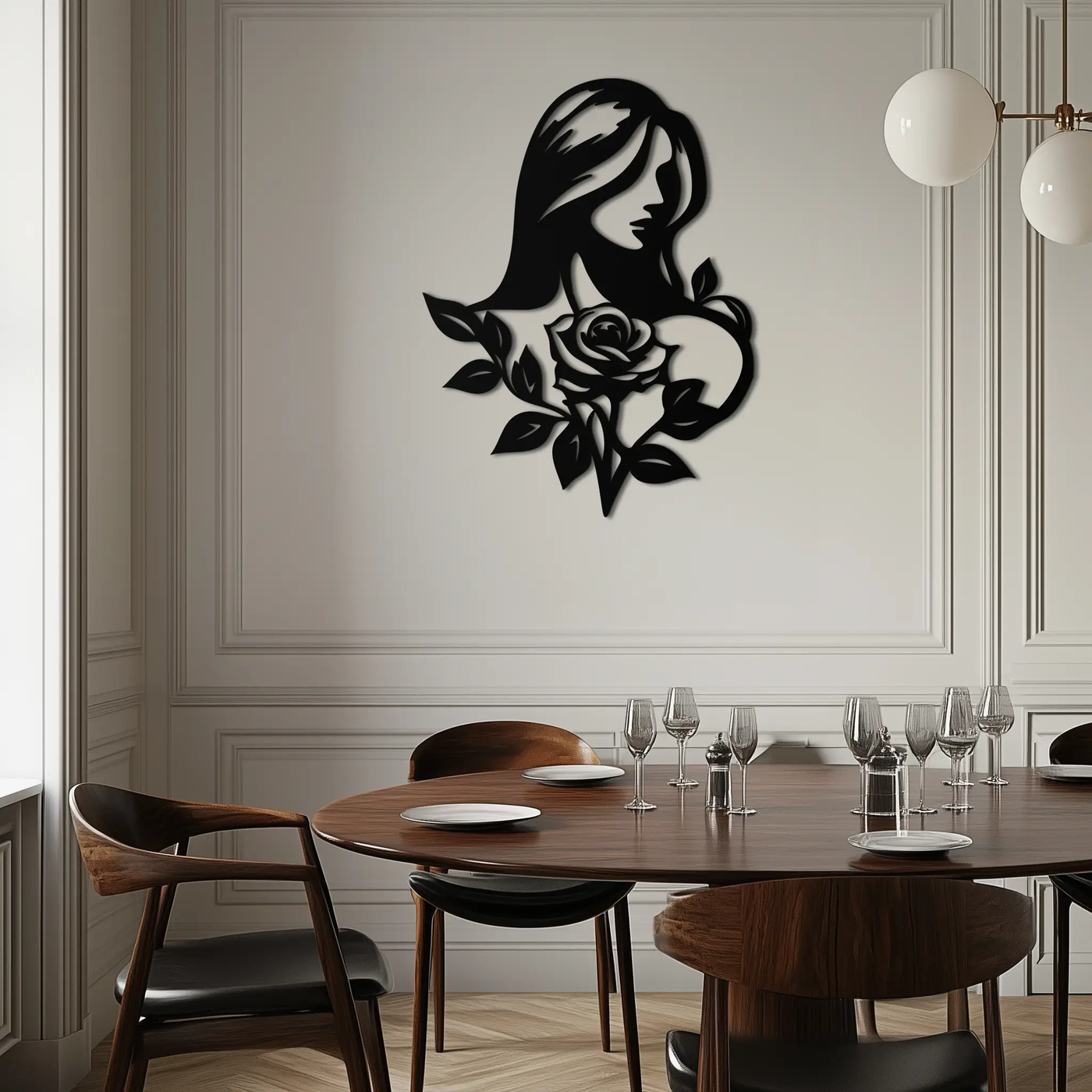 Woman and Rose Silhouette Metal Wall Art – Floral Line Art Metal Decor- KAF633 by Enova Art