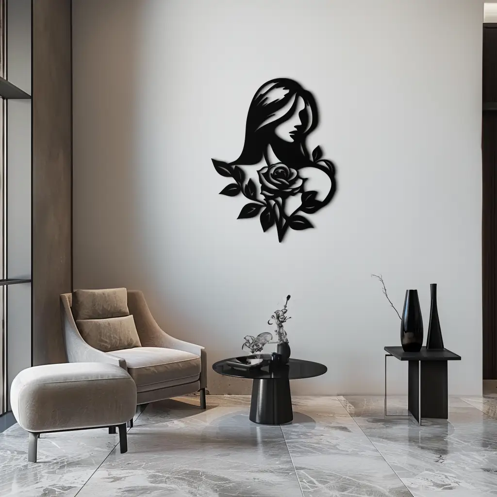 Woman and Rose Silhouette Metal Wall Art – Floral Line Art Metal Decor- KAF633 by Enova Art