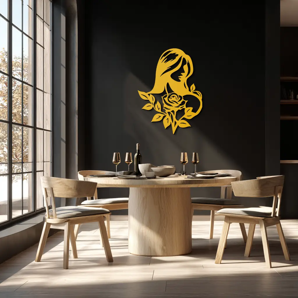 Woman and Rose Silhouette Metal Wall Art – Floral Line Art Metal Decor- KAF633 by Enova Art