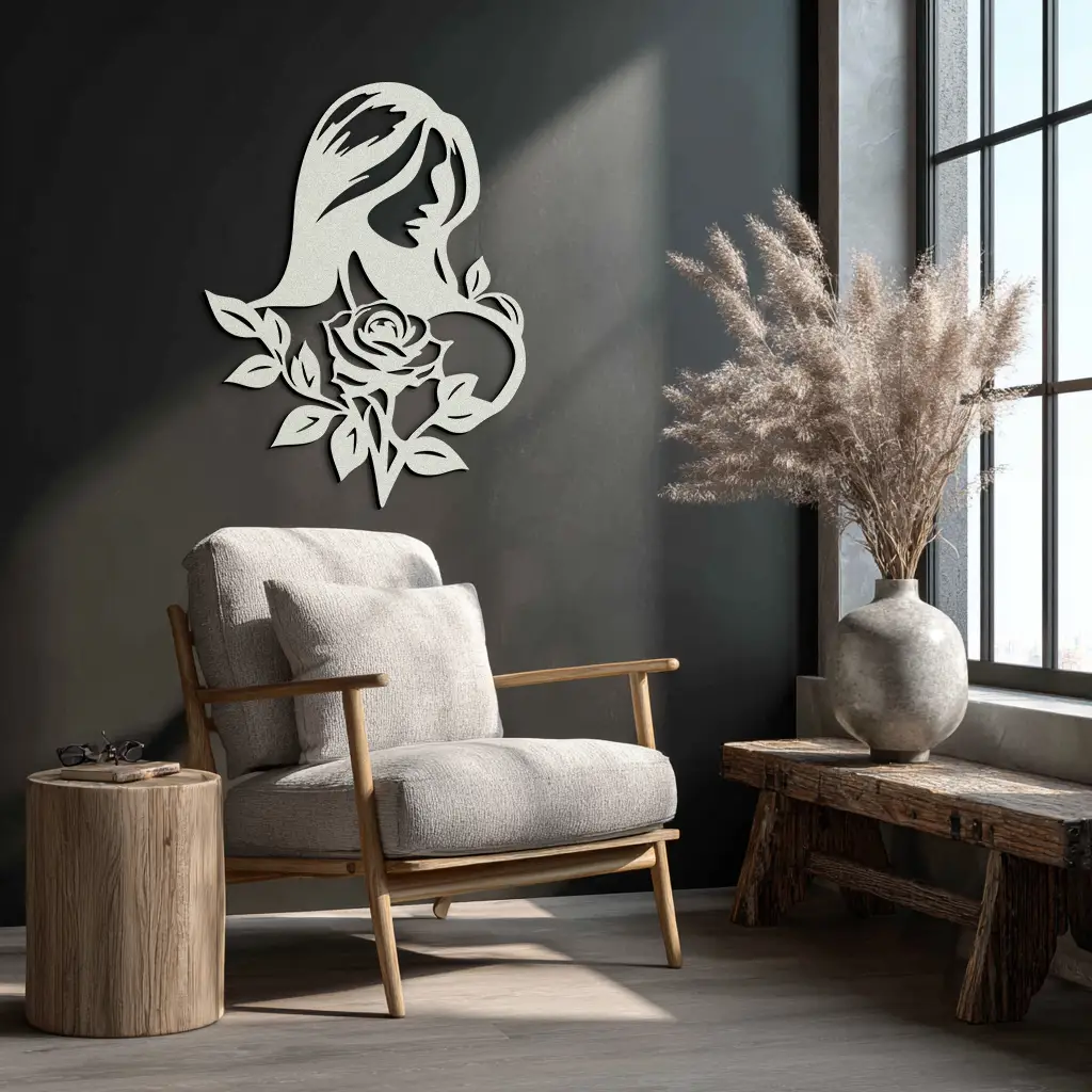 Woman and Rose Silhouette Metal Wall Art – Floral Line Art Metal Decor- KAF633 by Enova Art