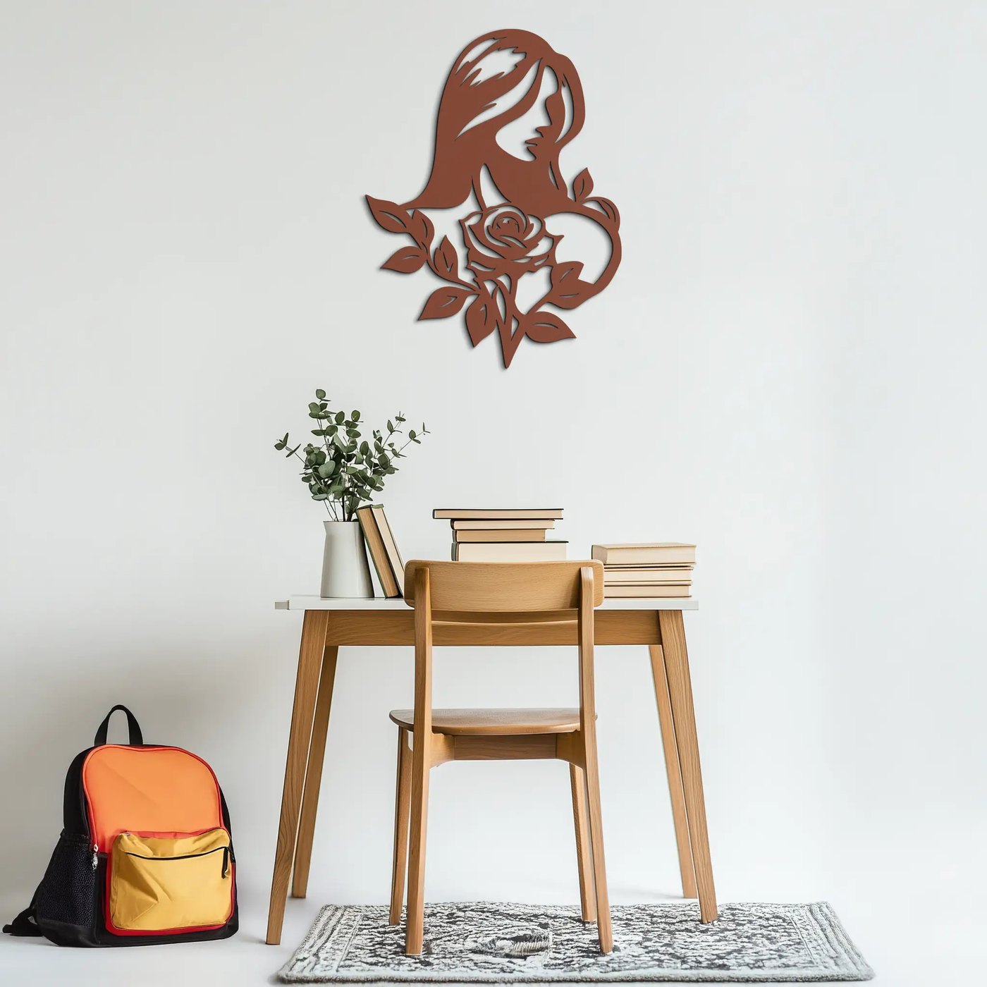 Woman and Rose Silhouette Metal Wall Art – Floral Line Art Metal Decor- KAF633 by Enova Art