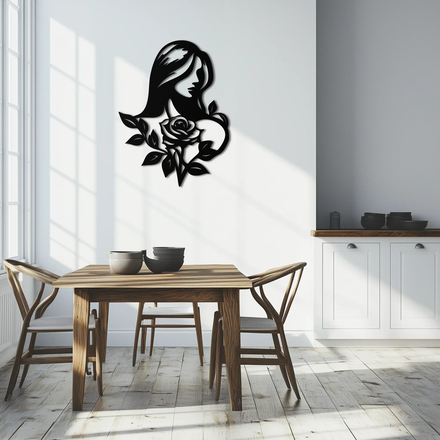 Woman and Rose Silhouette Metal Wall Art – Floral Line Art Metal Decor- KAF633 by Enova Art