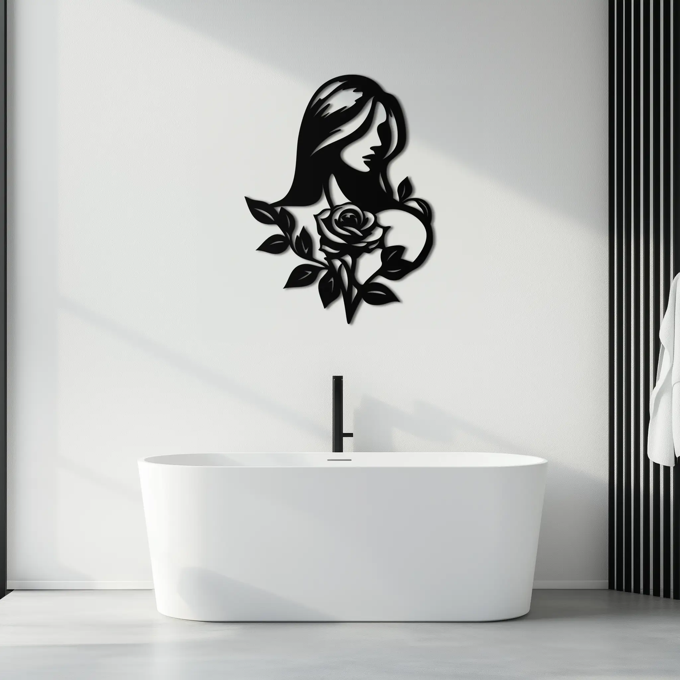 Woman and Rose Silhouette Metal Wall Art – Floral Line Art Metal Decor- KAF633 by Enova Art