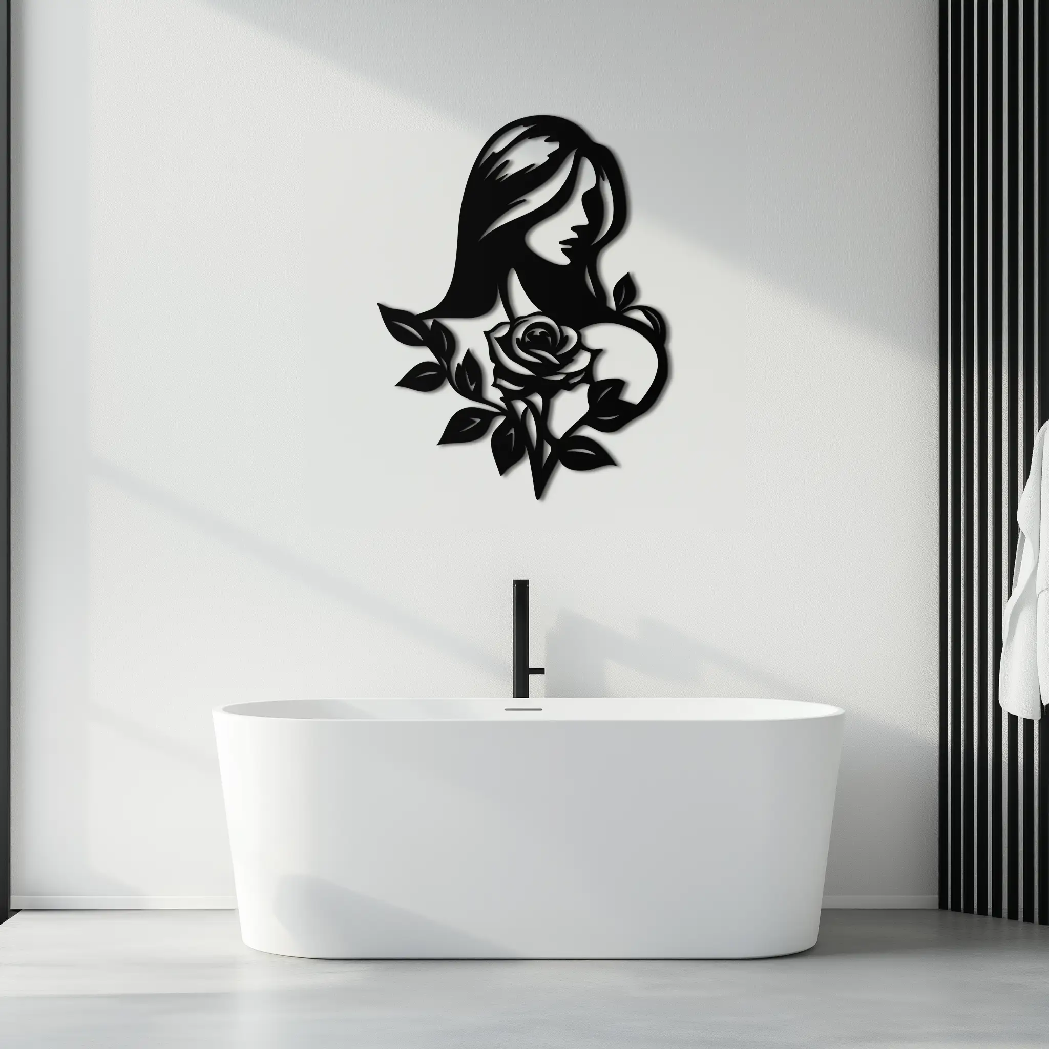 Woman and Rose Silhouette Metal Wall Art – Floral Line Art Metal Decor- KAF633 by Enova Art