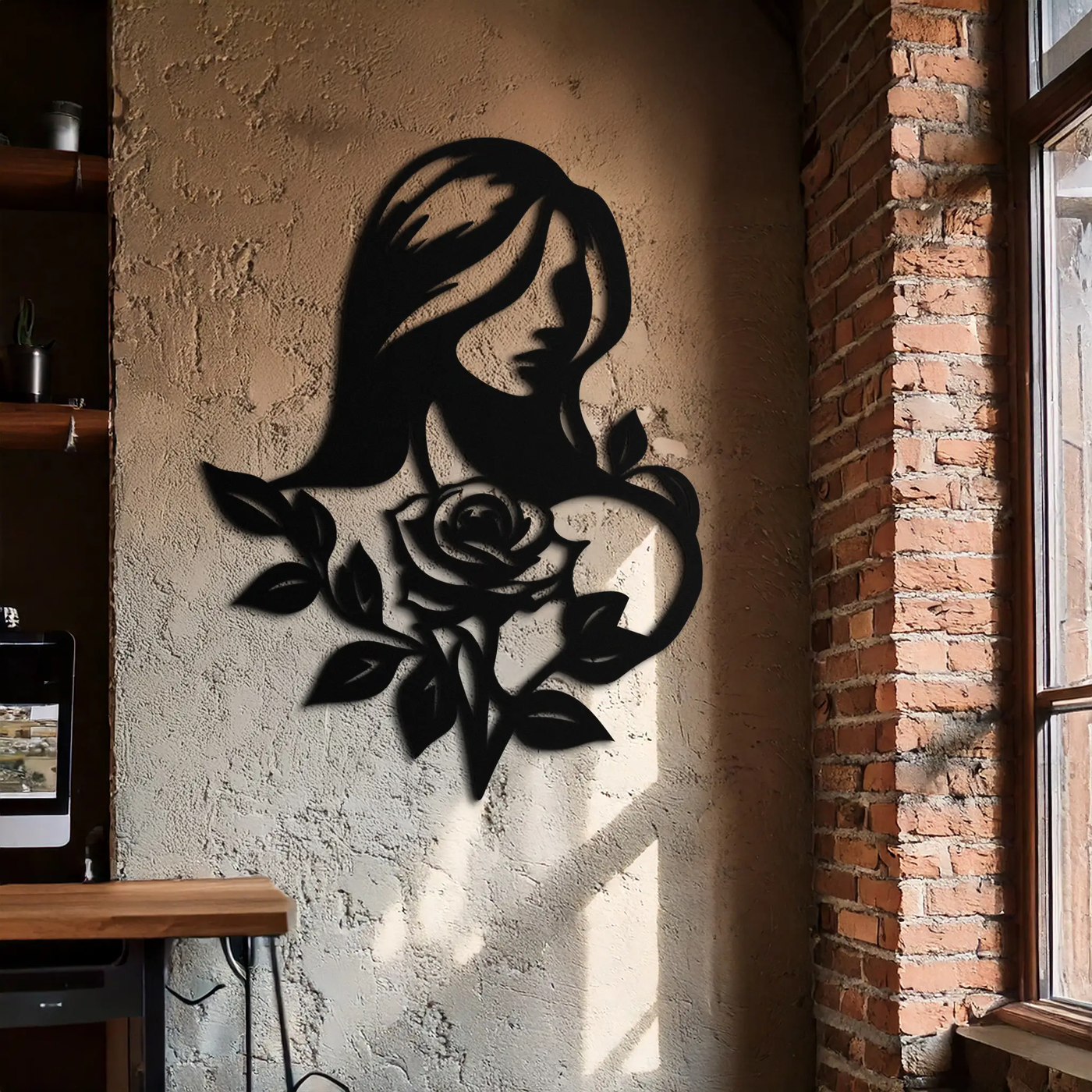Woman and Rose Silhouette Metal Wall Art – Floral Line Art Metal Decor- KAF633 by Enova Art
