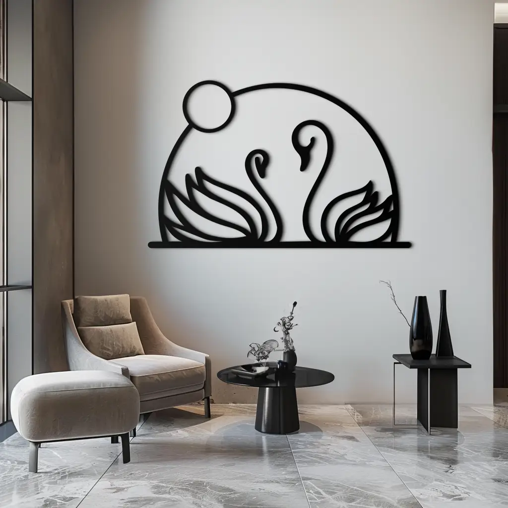 Elegant Swan Couple Silhouette Metal Wall Art – Romantic Bird Design for Home Decor- KAF634 by Enova Art