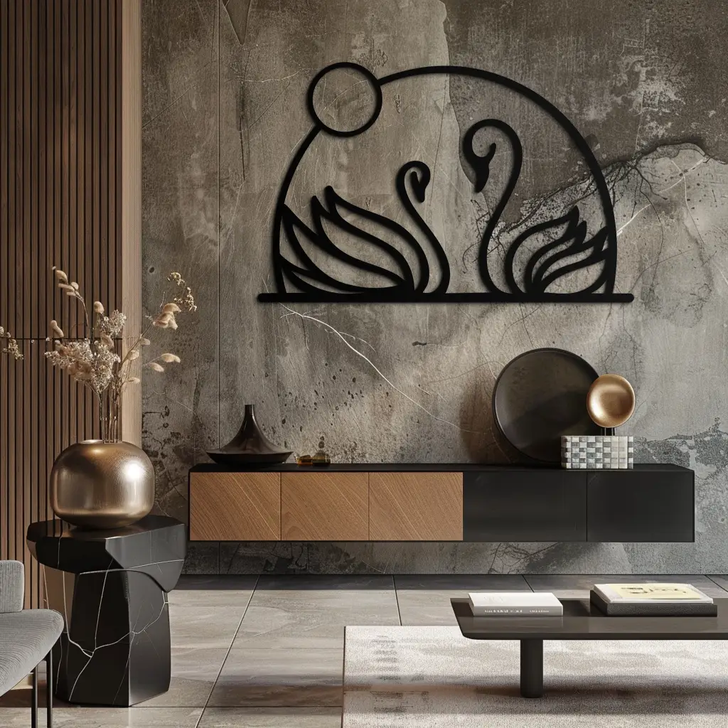Elegant Swan Couple Silhouette Metal Wall Art – Romantic Bird Design for Home Decor- KAF634 by Enova Art