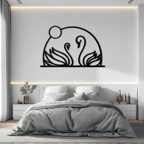 Elegant Swan Couple Silhouette Metal Wall Art – Romantic Bird Design for Home Decor- KAF634