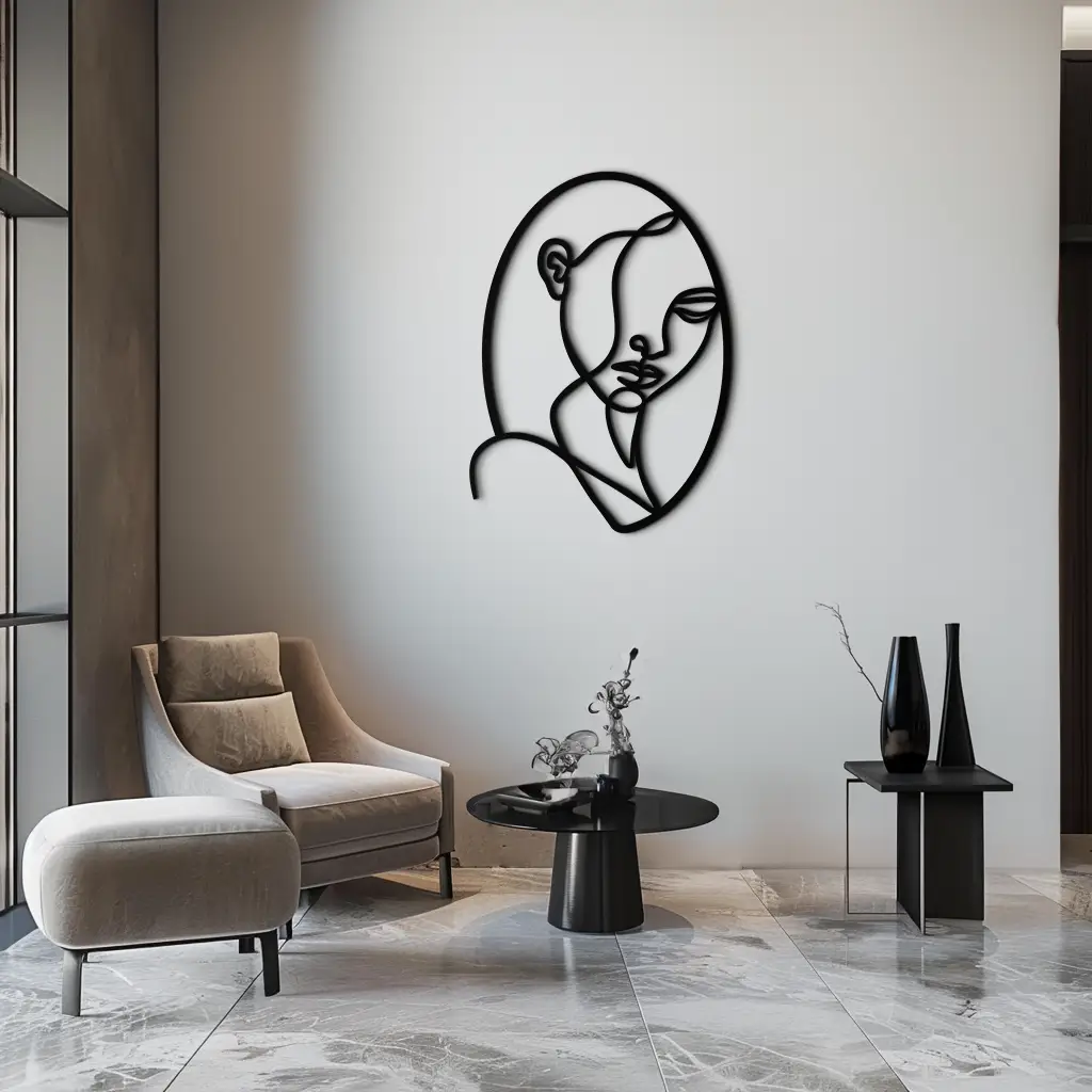 Abstract Woman Face Line Art – Minimalist Metal Wall Decor in Oval Frame- KAF635 by Enova Art